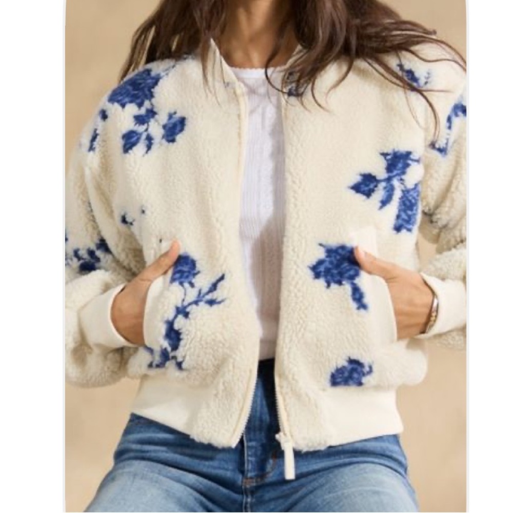 Sundance Blue Floral Sherpa Bomber Jacket Cream Petite XS